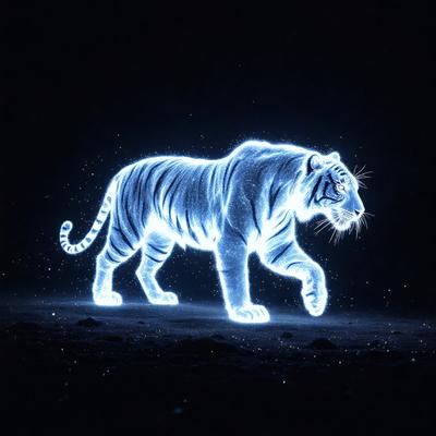 Primary subject: A white tiger walking on a dark background.

Setting/background: The tiger is walking on a dark surface, possibly a night sky or a dark room.

Visual style: The image is a digital art or illustration of a white tiger.

Colors and mood: The dominant colors are white and dark, creating a contrasting and mysterious atmosphere.